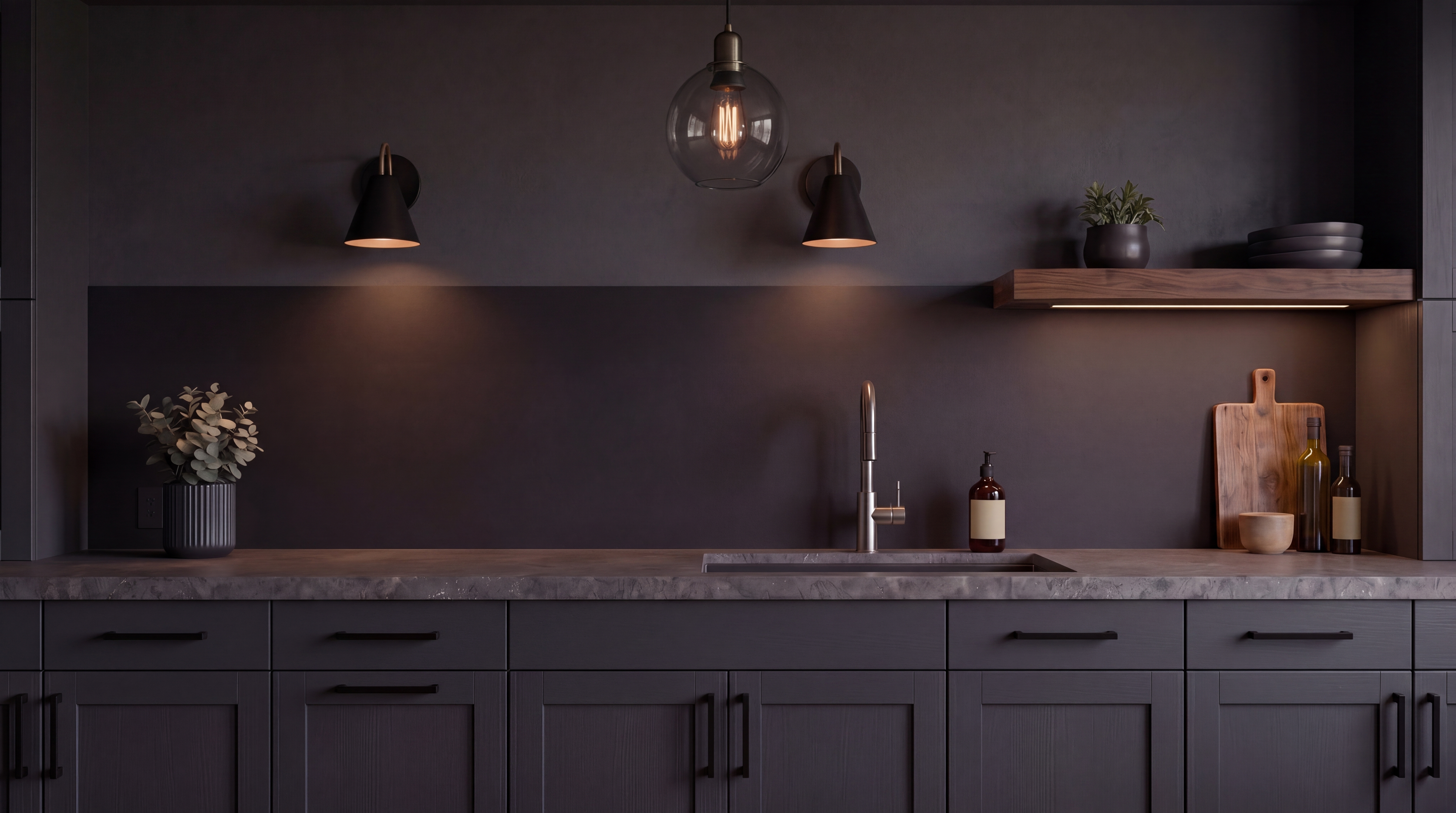 Modern kitchen with a seamless aluminum backsplash