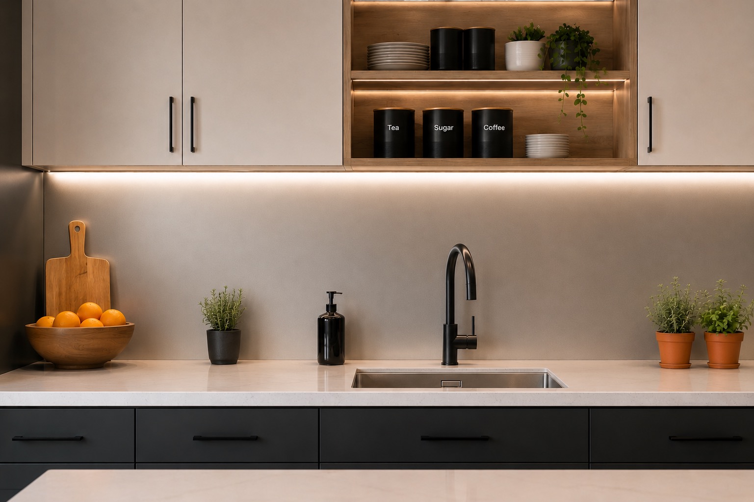 Grey seamless kitchen backsplash