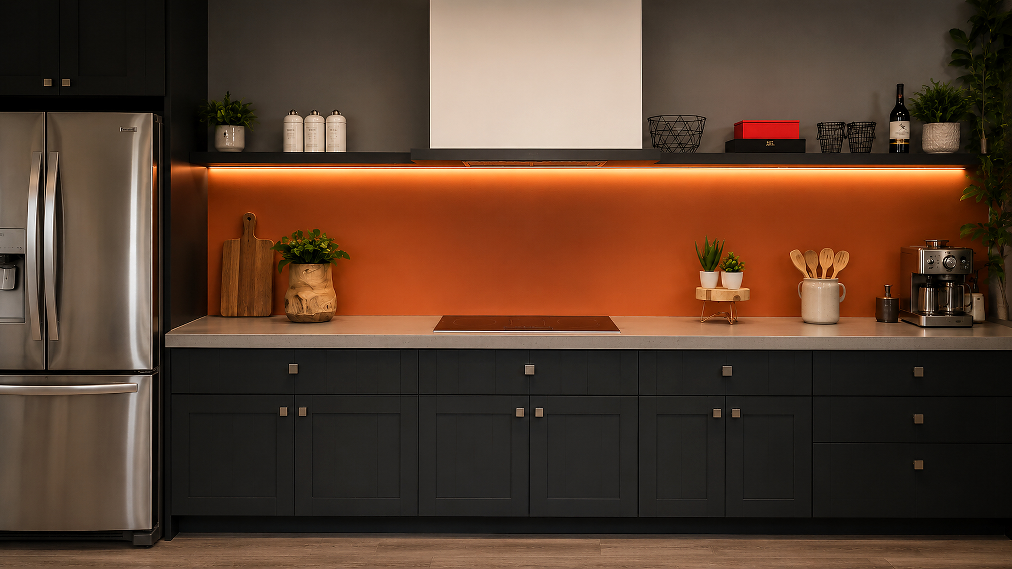 Kitchen with a warm orange backsplash
